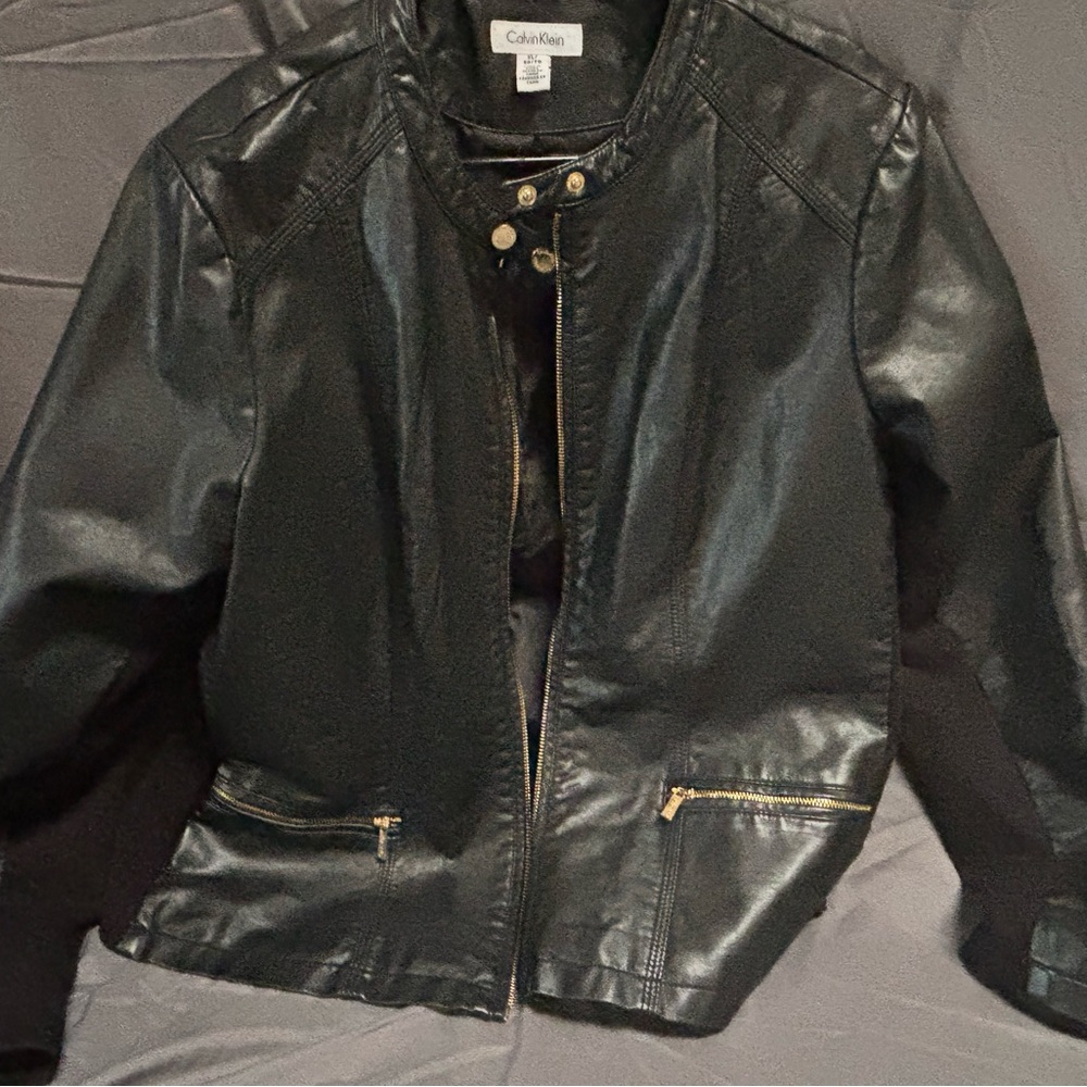 Calvin Klein Black Faux Leather Moto Jacket with Gold Hardware